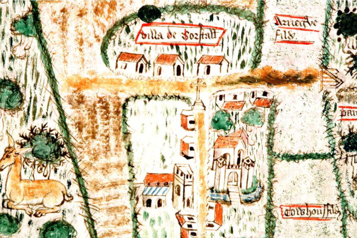 A detailed historical map illustration depicting a medieval village with buildings, roads, greenery, and a deer, drawn in vibrant colours.